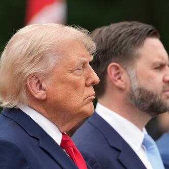 President Donald Trump, from left, Vice President JD Vance and Defense Secretary Pete Hegseth attend a ceremony at the Tomb of the Unknown Soldier in Arlington National Cemetery on Memorial Day, Monday, May 25, 2026, in Arlington, Va. (AP Photo/Alex Brandon)