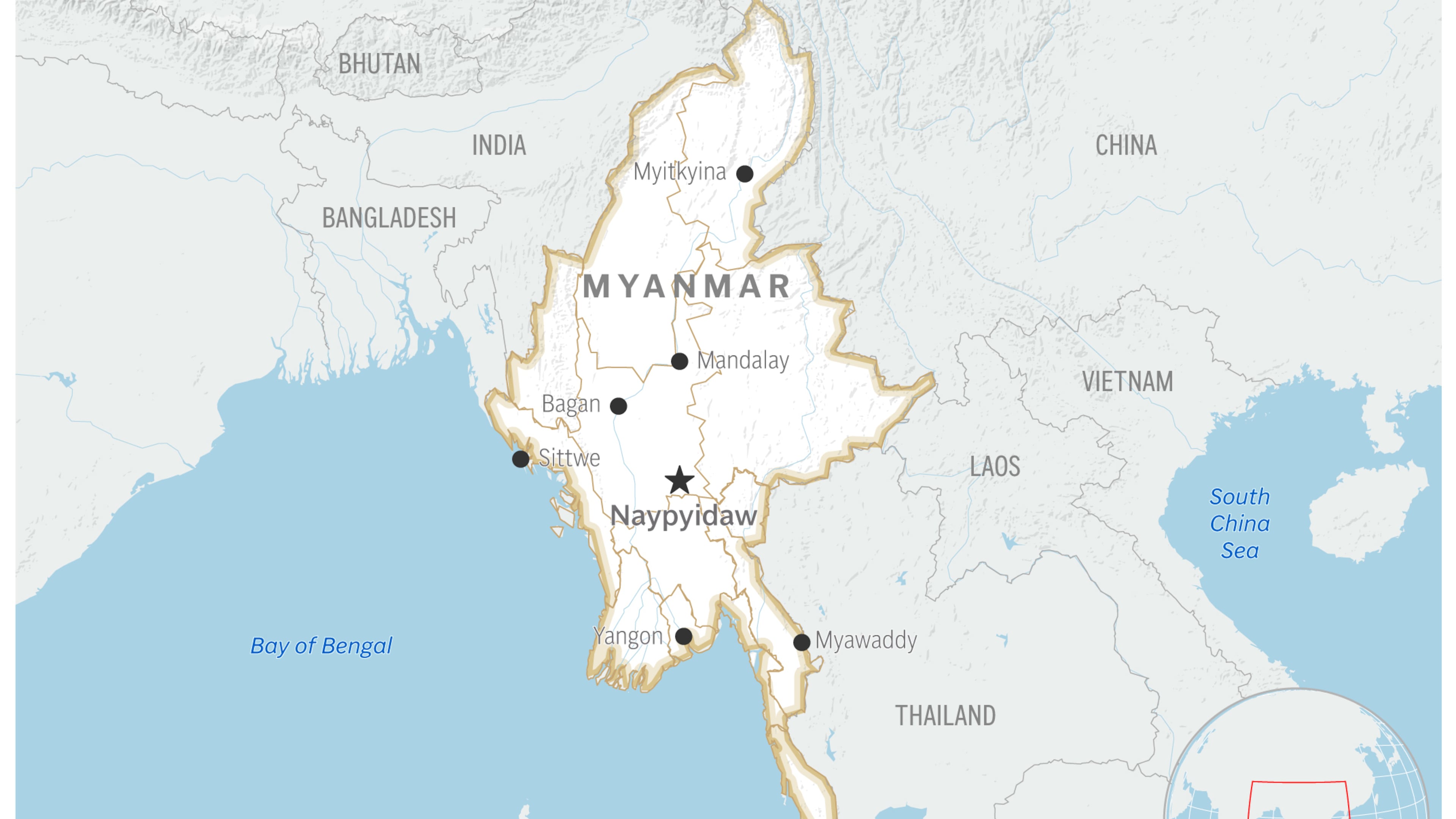 This is a locator map for Myanmar, with capital and several cities shown. (AP Photo)