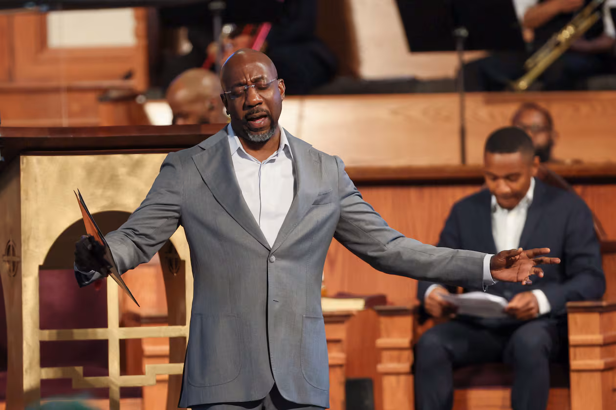 U.S. Sen. Raphael Warnock, seen here at Ebenezer Baptist Church, Atlanta, where he is senior pastor. (Miguel Martinez/AJC 2024)