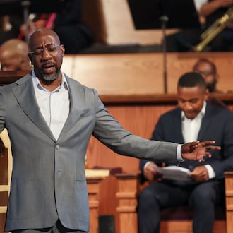 U.S. Sen. Raphael Warnock, seen here at Ebenezer Baptist Church, Atlanta, where he is senior pastor. (Miguel Martinez/AJC 2024)
