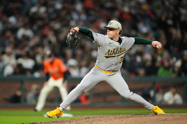 Athletics' JP Sears pitches to a San Francisco Giants batter during the fourth inning of a baseball game Friday, May 16, 2025, in San Francisco. (AP Photo/Godofredo A. Vásquez)