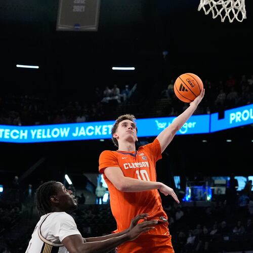 Clemson forward Jake Wahlin (10) shoots during the second half of an NCAA college basketball game against Georgia Tech, Saturday, Jan. 24, 2026, in Atlanta. (AP Photo/Brynn Anderson)