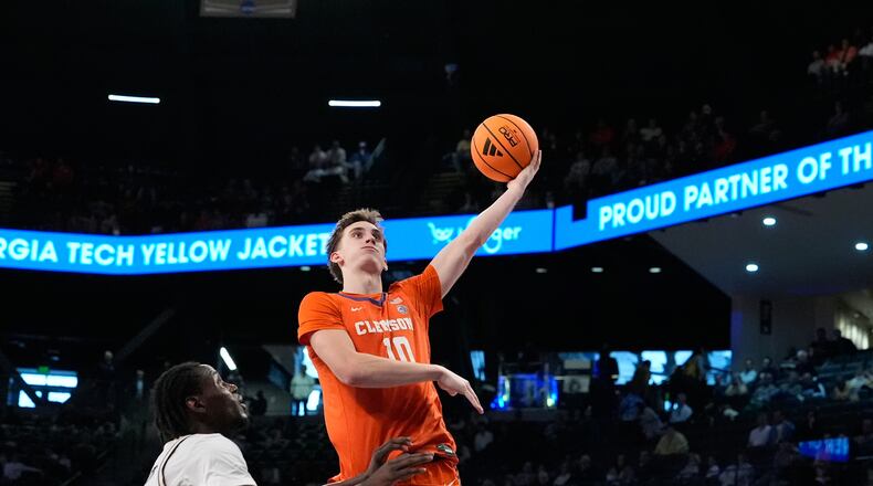 Clemson forward Jake Wahlin (10) shoots during the second half of an NCAA college basketball game against Georgia Tech, Saturday, Jan. 24, 2026, in Atlanta. (AP Photo/Brynn Anderson)