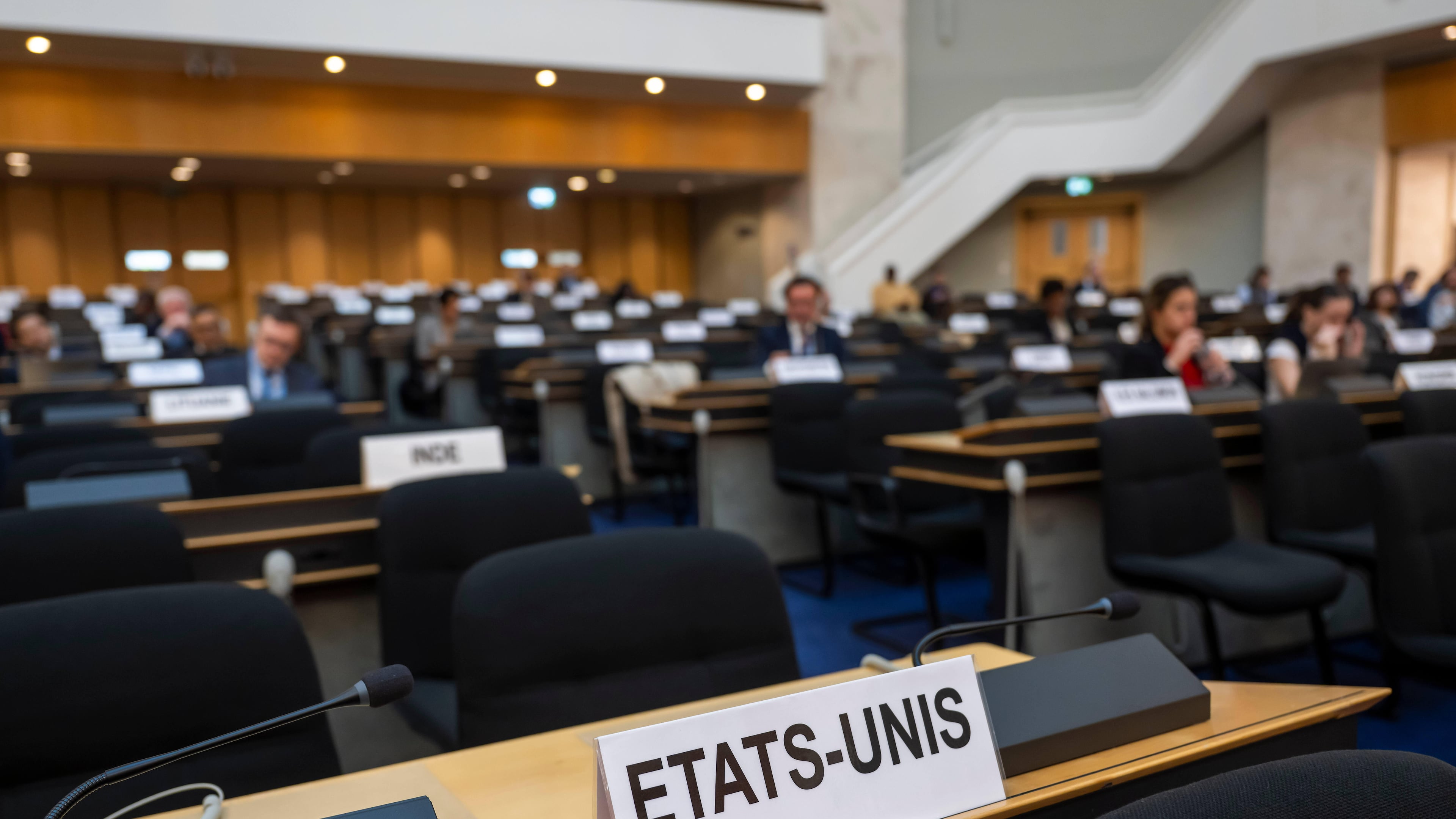 The empty seat of the American delegation, following the U.S. boycott at the Human Rights Council 60th session of the UPR Working Group, at the European headquarters of the United Nations in Geneva, Switzerland, Friday, Nov. 7, 2025. (Martial Trezzini/Keystone via AP)