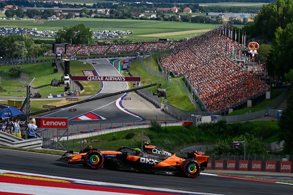 McLaren driver Lando Norris of Britain in action during the qualifying at the Red Bull Ring racetrack, ahead of the Austrian Formula One Grand Prix in Spielberg, Austria, Saturday, June 28, 2025. (AP Photo/Denes Erdos)