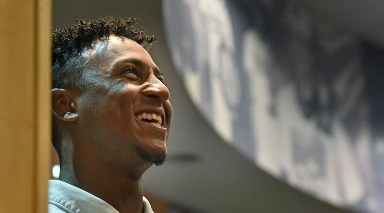 Second-base prospect Ozzie Albies is coming back from a broken elbow and will miss the first few weeks of spring training. (HYOSUB SHIN / HSHIN@AJC.COM)