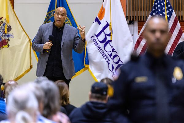 Sen. Cory Booker, D-N.J., speaks at a town hall event held at the Bergen Community College in Paramus, N.J., on on Saturday, April 5, 2025. (AP Photo/Stefan Jeremiah)