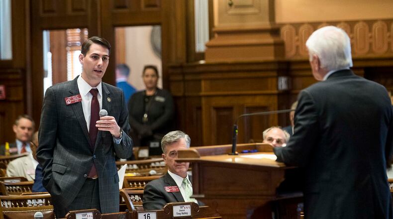 Georgia Rep. Trey Kelley, left, is the sponsor of House Bill 112, which would extend Georgia’s existing COVID-19 liability law for another year, until July 2022. (ALYSSA POINTER/ALYSSA.POINTER@AJC.COM)