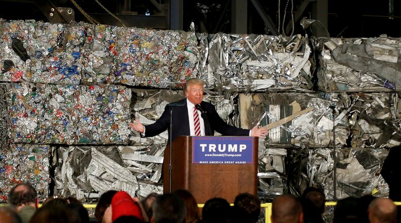 Republican presidential candidate Donald Trump speaks during a campaign stop on Tuesday at Alumisource, a metals recycling facility in Monessen, Pa. AP/Keith Srakocic