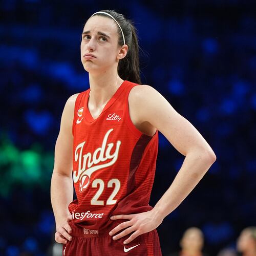 Indiana Fever guard Caitlin Clark reacts during the second half of a WNBA basketball game against the Minnesota Lynx, Sunday, Aug. 2, 2026, in Minneapolis. (AP Photo/Abbie Parr)