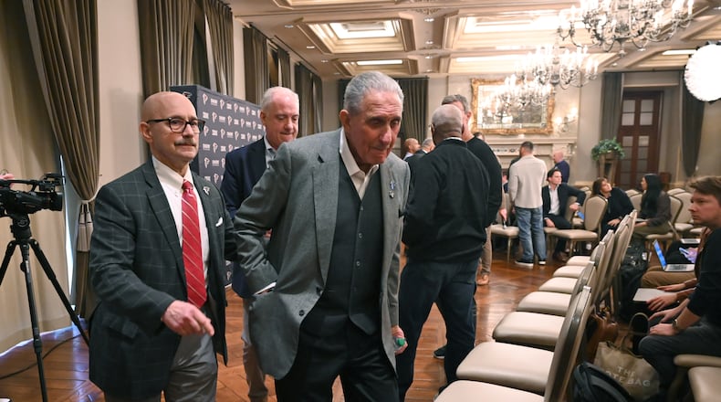 “I do think Michael (Penix) is our franchise quarterback," Atlanta Falcons owner Arthur Blank told the media during a news conference Thursday, Jan. 8, 2026. (Hyosub Shin/AJC)