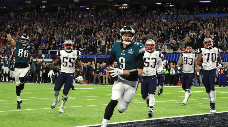 MINNEAPOLIS, MN - FEBRUARY 04: Nick Foles #9 of the Philadelphia Eagles catches a 1-yard touchdown pass against the New England Patriots during the second quarter in Super Bowl LII at U.S. Bank Stadium on February 4, 2018 in Minneapolis, Minnesota. (Photo by Mike Ehrmann/Getty Images)