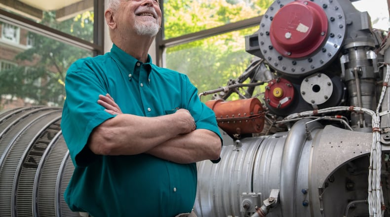 Bob Macdonald is shown in front of the Rocketdyne H-1A engine in the Daniel Guggenheim School of Aerospace Engineering at Georgia Tech, where he is currently enrolled in the university’s Online Master of Science in Analytics program. Macdonald worked for Rocketdyne in the 1960s during the Apollo program. CONTRIBUTED BY CHRISTOPHER MOORE / GEORGIA INSTITUTE OF TECHNOLOGY