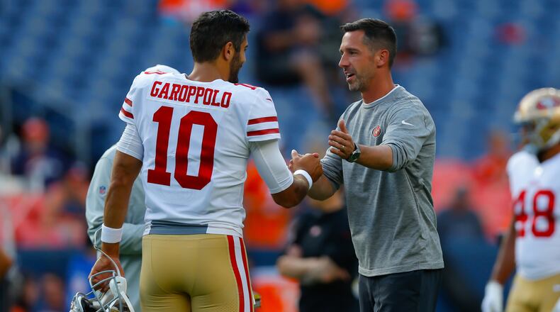 The firm of Garoppolo (Jimmy) and Shanahan (Kyle) have it cooking in San Francisco now. (Photo by Justin Edmonds/Getty Images)