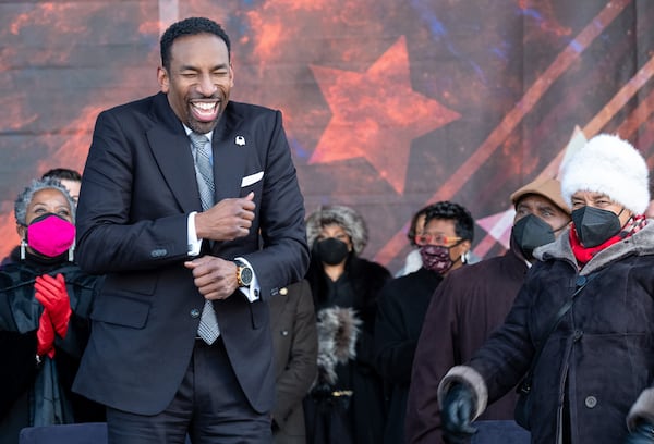 Atlanta Mayor Andre Dickens jokes with former Mayor Shirley Franklin during his inauguration ceremony at Georgia Tech on Monday, Jan. 3, 2022. (Ben Gray for the AJC)