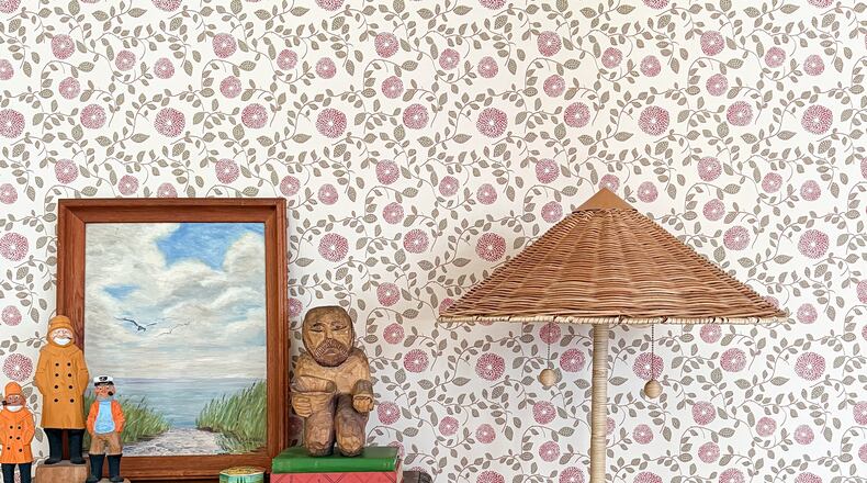 Wallpaper from Gray Benko Home shows how pattern can act as a backdrop, grounding furniture, art and collected pieces without overpowering the space. (Courtesy of Gray Benko Home)