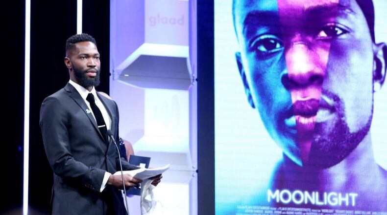 BEVERLY HILLS, CA - APRIL 01: Playwright Tarell Alvin McCraney accepts the Outstanding Film Wide Release Award for 'Moonlight' at the 28th Annual GLAAD Media Awards, sponsored by LGBTQ ally, Ketel One Vodka, in Beverly Hills on April 1, 2017. (Photo by Rich Polk/Getty Images for Ketel One Vodka)