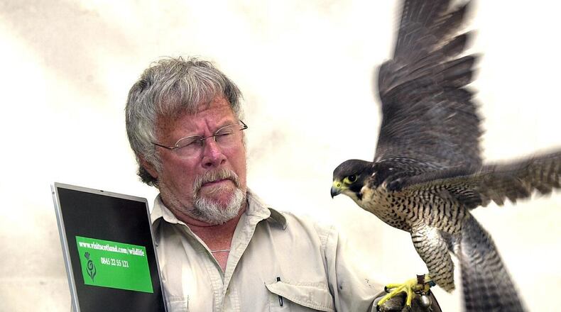 FILE - Bill Oddie launches the Visit Scotland new website (www.visitscotland.com/wildlife) with Tam the Peregrine falcon at Visitscotland's London office, May 6, 2004. (Michael Stephens/PA via AP, File)