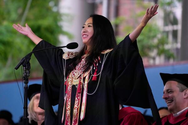Yurong "Luanna" Jiang delivers an address during her commencement ceremonies at Harvard University, Thursday, May 29, 2025, in Cambridge, Mass. (AP Photo/Charles Krupa)