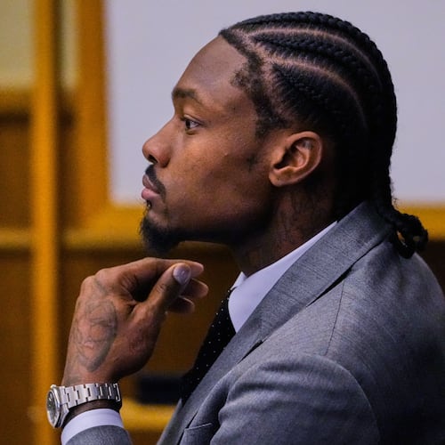 Former New England Patriots wide receiver Stefon Diggs appears in court during his trial at Norfolk County District Court, Tuesday, May 5, 2026, in Dedham, Mass. (AP Photo/Charles Krupa, Pool)