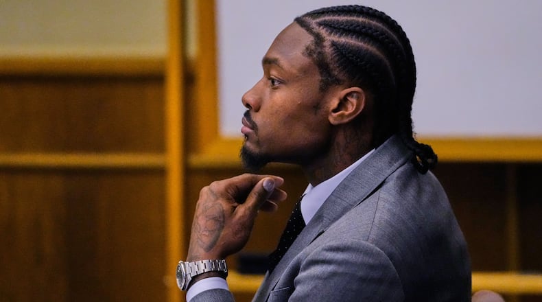 Former New England Patriots wide receiver Stefon Diggs appears in court during his trial at Norfolk County District Court, Tuesday, May 5, 2026, in Dedham, Mass. (AP Photo/Charles Krupa, Pool)