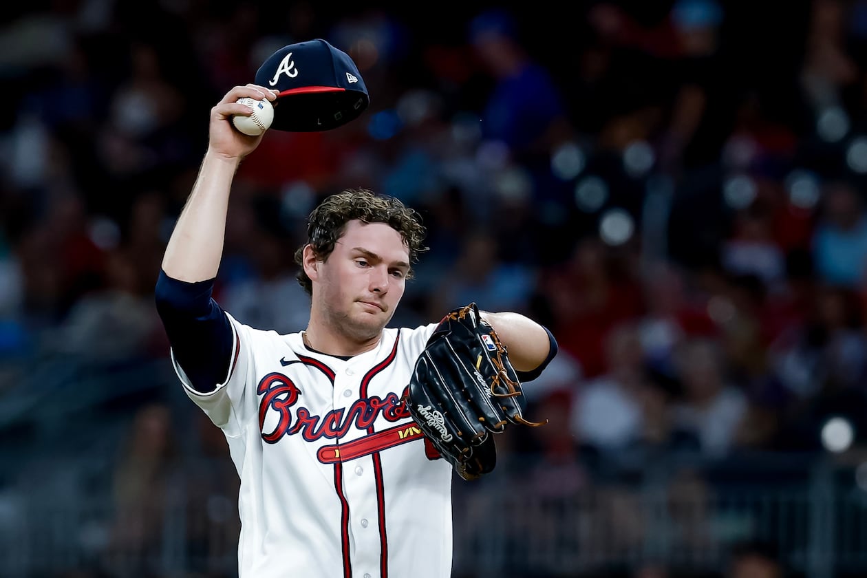 Atlanta Braves pitcher JR Ritchie reacts after giving up a solo home run to San Diego Padres' Manny Machado during the sixth inning of a baseball game, Tuesday, July 21, 2026, in Atlanta. (AP Photo/Erik S. Lesser)
