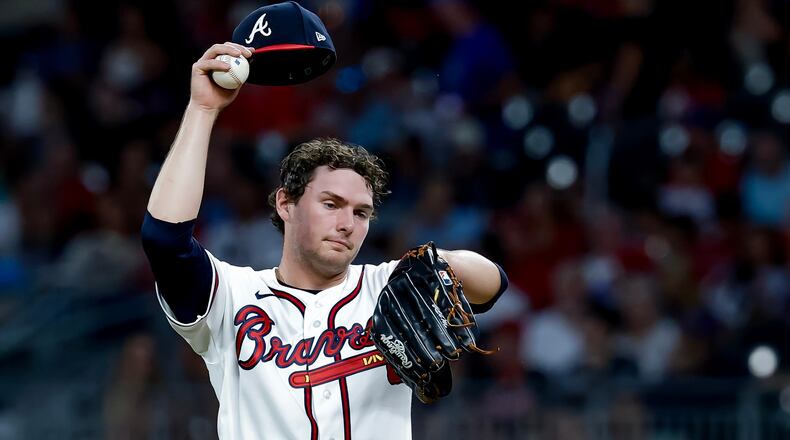 “At the end of the day, the end goal for this team is to win ballgames, and my job is to go out there and put the team in position to win ballgames,” Braves pitcher JR Ritchie, shown here during a game against the Padres in July, says. (Erik S. Lesser/AP)