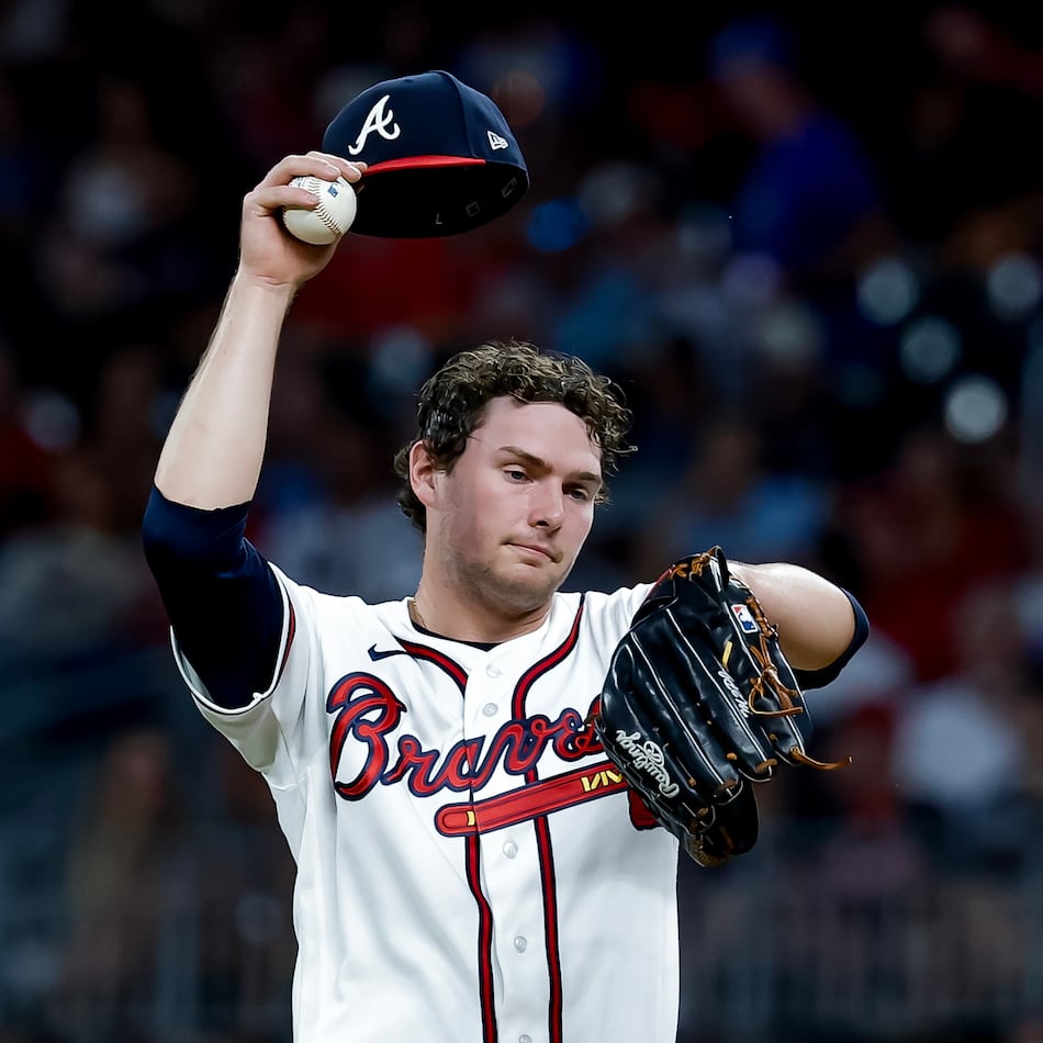 Atlanta Braves pitcher JR Ritchie reacts after giving up a solo home run to San Diego Padres' Manny Machado during the sixth inning of a baseball game, Tuesday, July 21, 2026, in Atlanta. (AP Photo/Erik S. Lesser)