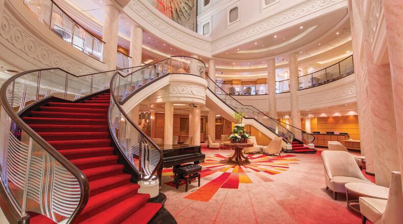 The Grand Lobby of the Queen Mary 2 lives up to its name. (Cunard)