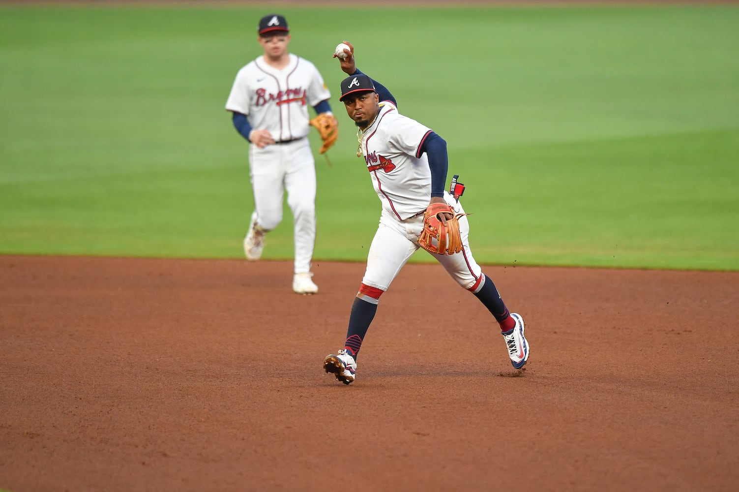 Atlanta Braves second base Ozzie Albies (1) throws to first against the New York Mets during a MLB game Wednesday, June 18, 2025 at Truist Park. (Daniel Varnado/For the Atlanta Journal-Constitution)