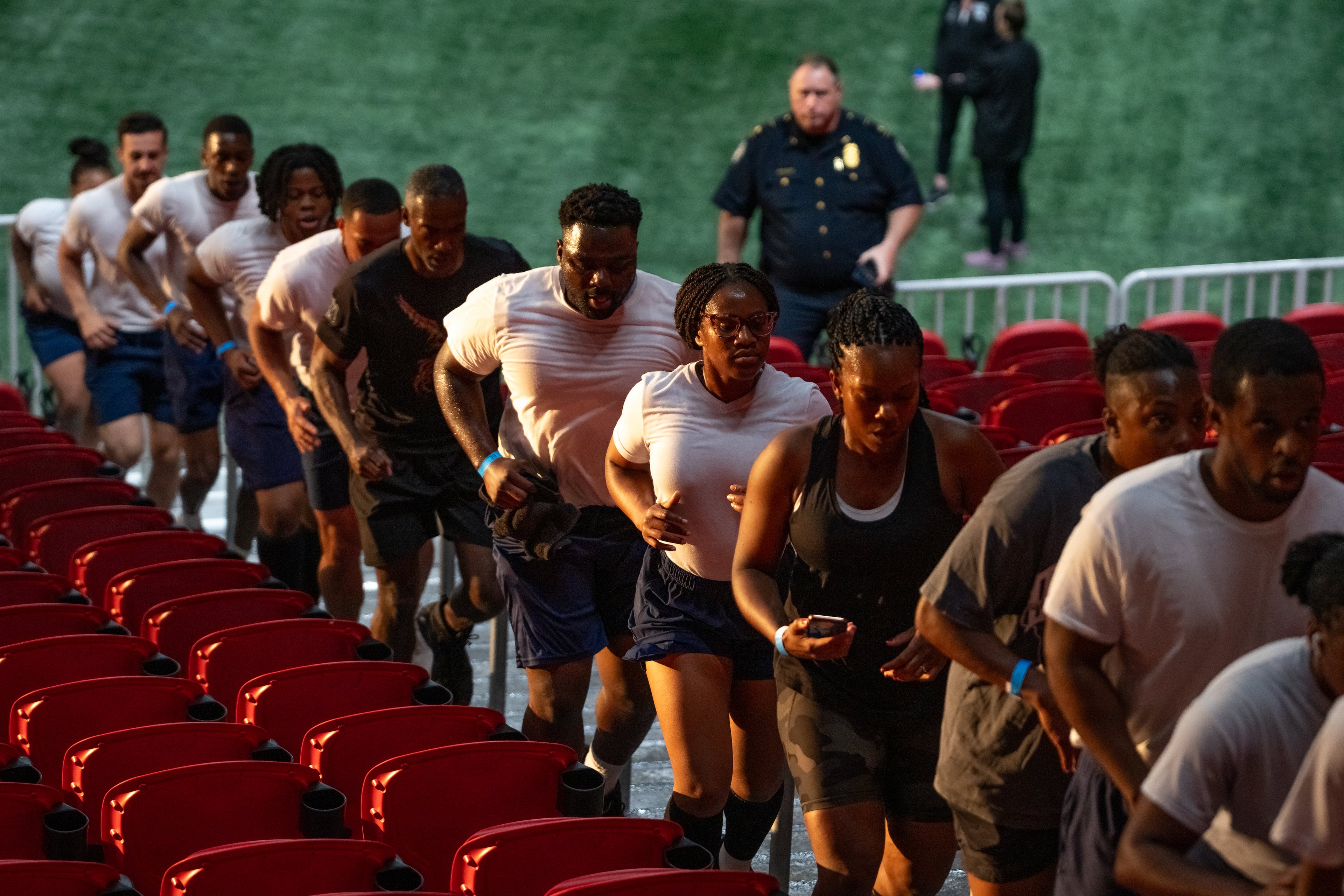Atlanta Police cadets participate in the 911 Memorial Stair Climb at Mercedes-Benz Stadium on the 24th anniversary of the attacks. Thursday, September 11, 2025 (Ben Hendren for the AJC)