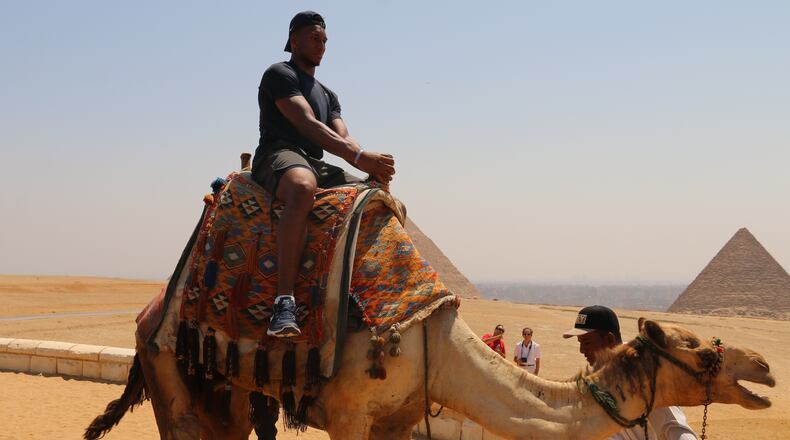 Josh Okogie on a camel at the Pyramids of Giza. (USA Basketball)