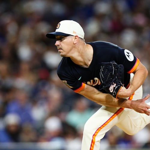 '"San Diego Padres' Walker Buehler follows through on a pitch against the Los Angeles Dodgers in the sixth inning of a baseball game Friday, June 26, 2026, in San Diego. (AP Photo/Derrick Tuskan)