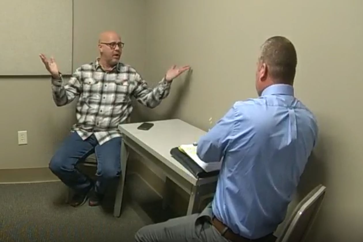 Bradley Reynolds, left, repeatedly denied to police that he had a sexual relationship with Hayle Swinson during an interview on March 1, 2024. Confronted with email evidence, Reynolds further denied that the email address was his, saying, "I don't even have a Yahoo e-mail address." GBI later analyzed the emails and confirmed they came from Reynolds' addresses. (White County Sheriff's Department)