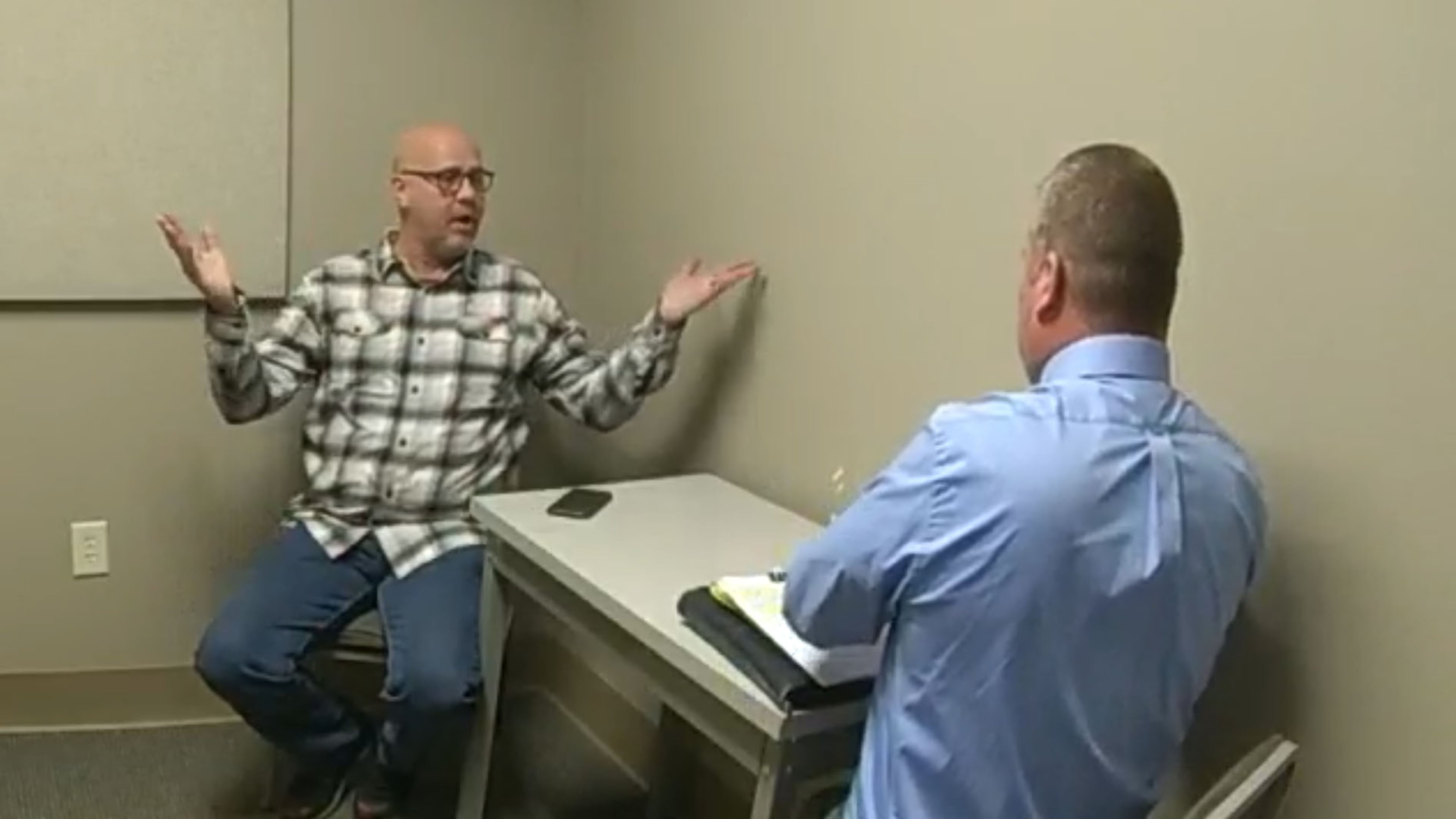 Bradley Reynolds, left, repeatedly denied to police that he had a sexual relationship with Hayle Swinson during an interview on March 1, 2024. Confronted with email evidence, Reynolds further denied that the email address was his, saying, "I don't even have a Yahoo e-mail address." GBI later analyzed the emails and confirmed they came from Reynolds' addresses. (White County Sheriff's Department)