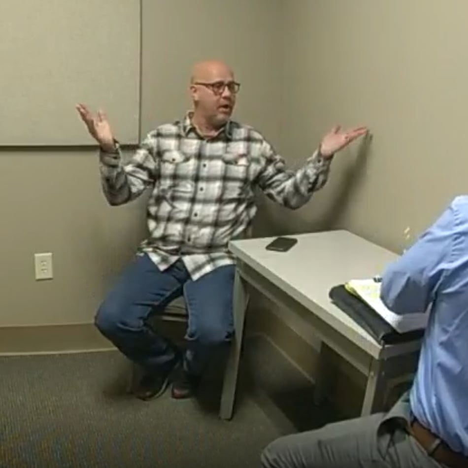 Bradley Reynolds, left, repeatedly denied to police that he had a sexual relationship with Hayle Swinson during an interview on March 1, 2024. Confronted with email evidence, Reynolds further denied that the email address was his, saying, "I don't even have a Yahoo e-mail address." GBI later analyzed the emails and confirmed they came from Reynolds' addresses. (White County Sheriff's Department)