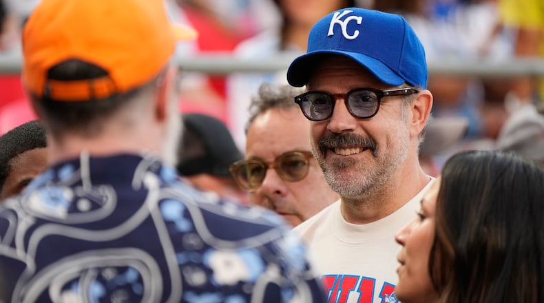 Jason Sudeikis on the field ahead of the World Cup quarterfinal soccer match between Argentina and Switzerland in Kansas City, Mo., Saturday, July 11, 2026. (AP Photo/Ashley Landis)