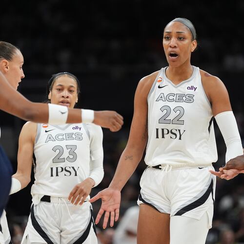 Las Vegas Aces center A'ja Wilson (22) celebrates a play with teammates during the first half of a WNBA preseason basketball game against the Dallas Wings in Austin, Texas, Sunday, May 3, 2026. (AP Photo/Eric Gay)