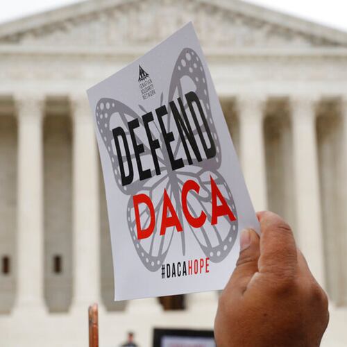 In this Nov. 12, 2019, file photo, people rally outside the Supreme Court as oral arguments are heard in the case of President Trump's decision to end the Obama-era Deferred Action for Childhood Arrivals program, at the Supreme Court in Washington. DACA recipients are assuming a prominent role in the presidential campaign, working to get others to vote, even though they cannot cast ballots themselves, and becoming leaders in the Democratic campaigns of Bernie Sanders and Tom Steyer, as well as get-out-the-vote organizations. (Jacquelyn Martin/AP)