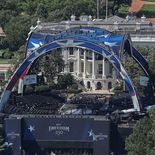 The arena for the UFC Freedom 250 fights is pictured on the South Lawn of the White House, in Washington, Saturday, June 13, 2026. (AP Photo/Rahmat Gul)