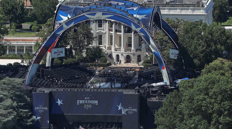 The arena for the UFC Freedom 250 fights is pictured on the South Lawn of the White House, in Washington, Saturday, June 13, 2026. (AP Photo/Rahmat Gul)