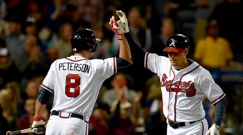 Kelly Johnson, right, is congratulated after his two-run homer Friday against the Reds. He led the Braves with five homers in just 61 at-bats before Tuesday. BRANT SANDERLIN/BSANDERLIN@AJC.COM