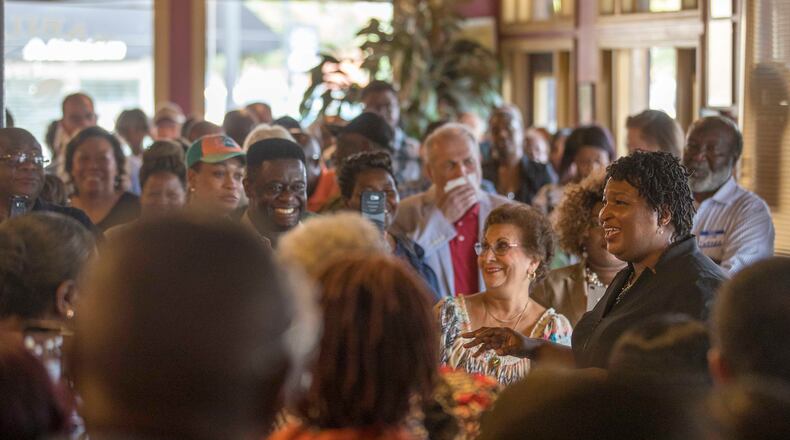 Stacey Abrams speaks to a crowed gathered at Nabila's Graden restaurant in Fitzgerald, Georgia, Thursday, August 23, 2018. (ALYSSA POINTER/ALYSSA.POINTER@AJC.COM)