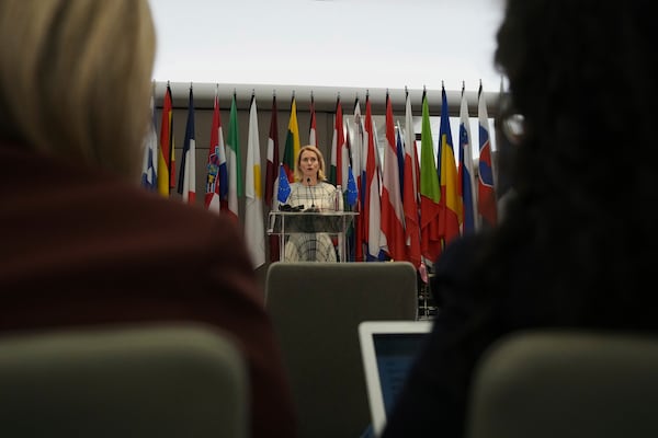European Union foreign policy chief Kaja Kallas addresses the media after talks with Serbia's top officials in Belgrade, Serbia, Thursday, May 22, 2025. (AP Photo/Darko Vojinovic)
