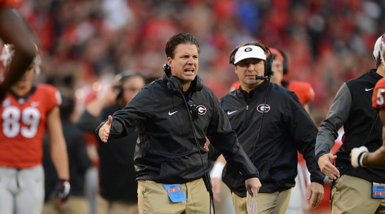 Georgia coach Kirby Smart and current offensive coordinator James Coley (L) have been together for nearly five years now. (John Kelley/UGA Athletics)