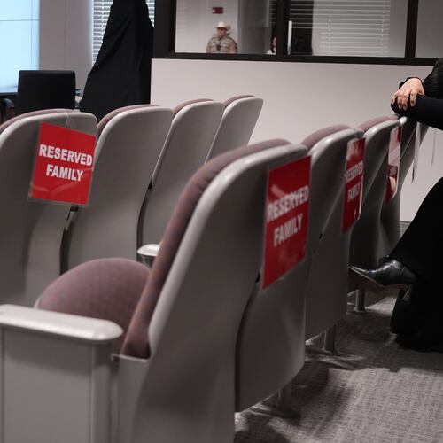 Family members attend the trial for former Uvalde school district police officer Adrian Gonzales at the Nueces County Courthouse in Corpus Christi, Texas, Tuesday, Jan. 6, 2026. (AP Photo/Eric Gay)