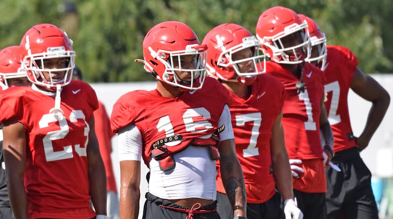 Georgia wide receiver Demetris Robertson (16) and his teammates watch the action from the sidelines of Woodruff Practice Fields on Sept. 3, 2020. (Steven Colquitt/UGA)