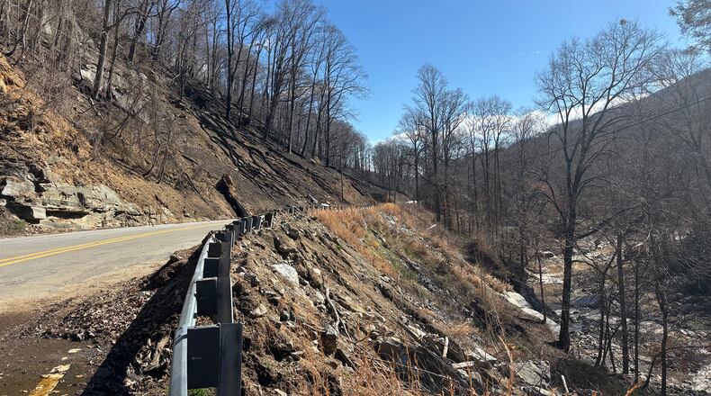 The fire that burned over 600 acres near Tryon, North Carolina was sparked by a downed power line felled by heavy winds. The fire is extinguished now but the black, sooty remains coat the forest floor on Thursday, March 6, 2025..  (Sara Gregory / AJC)