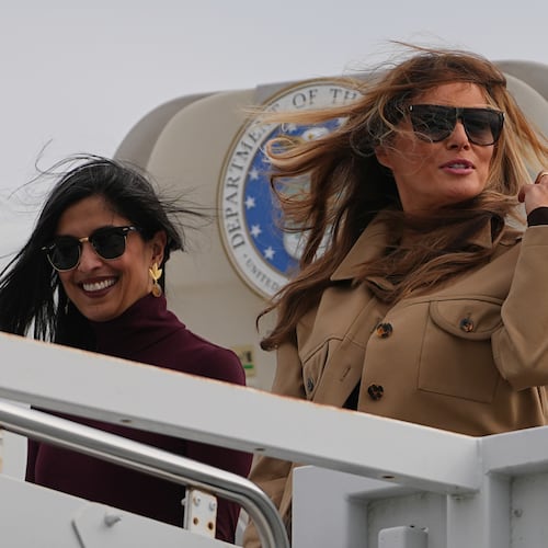 First lady Melania Trump, right, and second lady Usha Vance arrive at Arrive Albert J Ellis Airport in Richlands, N.C., en route to Camp Lejeune, Wednesday, Nov. 19, 2025. (AP Photo/Matt Rourke)
