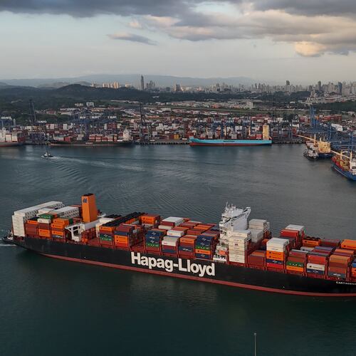 FILE -A cargo ship sails past the Panama Canal's Port of Balboa, managed by CK Hutchison Holdings, in Panama City, March 13, 2025. (AP Photo/Matias Delacroix, File)